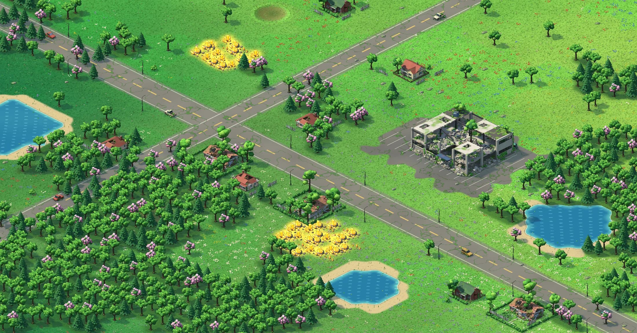 The same Earth a century later, empty of people: summer meadows full of wildflowers, woods closing over an old crossroads, trees growing from the roof of an abandoned mall, clear ponds and fields of glowing sunresin crystals.