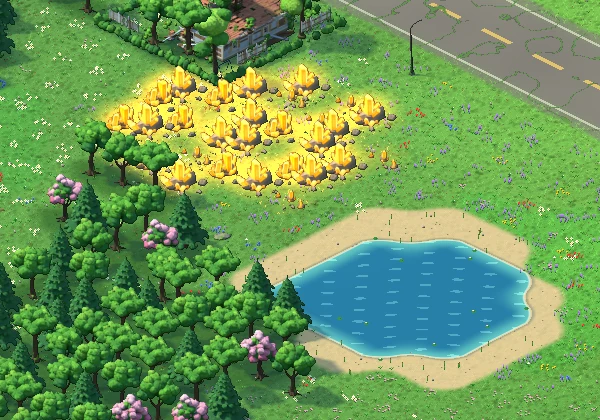 A field of glowing amber sunresin crystals beside a clear pond, ringed by forest and pink blossom trees.