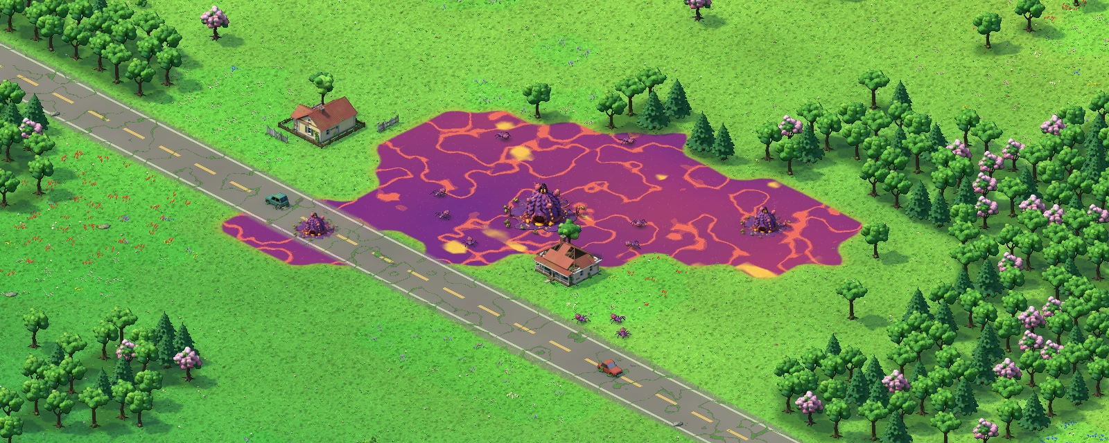 An isometric meadow where a Seed Nest sits in a spreading pool of violet creep. Two young nests have budded off it, one across an old road; Skitterlings roam around them and toward a house at the edge.